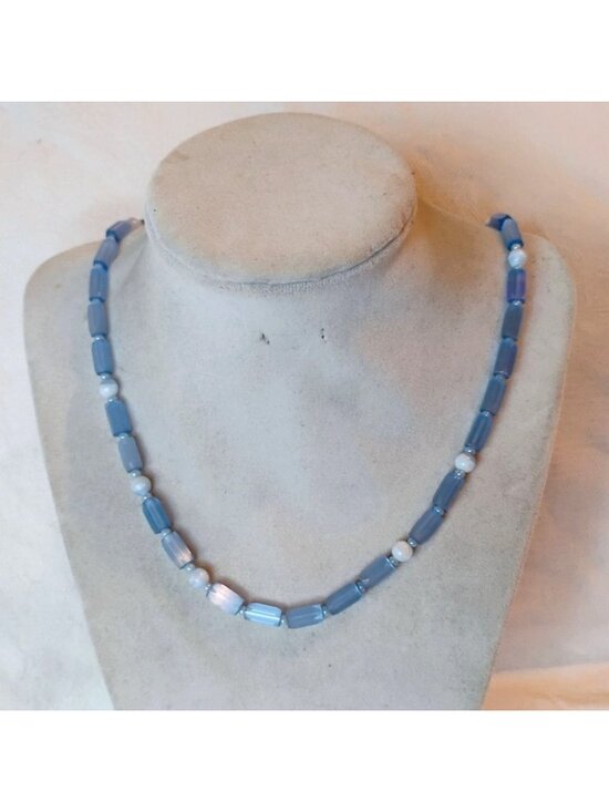 Handmade Jewelry - Vintage Art Deco Czech Faceted Blue Atlas Satin Art Glass Beaded Necklace 20"